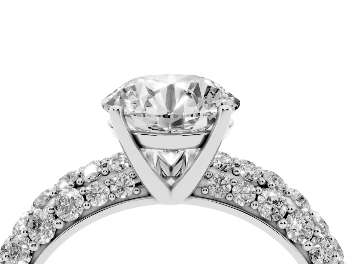 Round Cut Diamond Pavé Band Solitaire Ring with Four-Prong Setting Silver