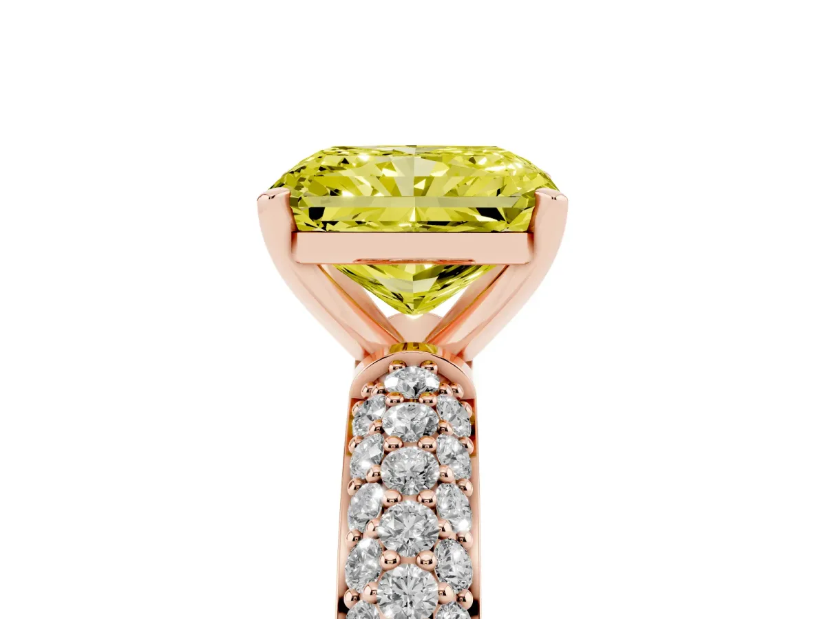 Fancy Yellow Radiant Cut Diamond Solitaire Ring with Prong Setting and Pavé Band Rose gold