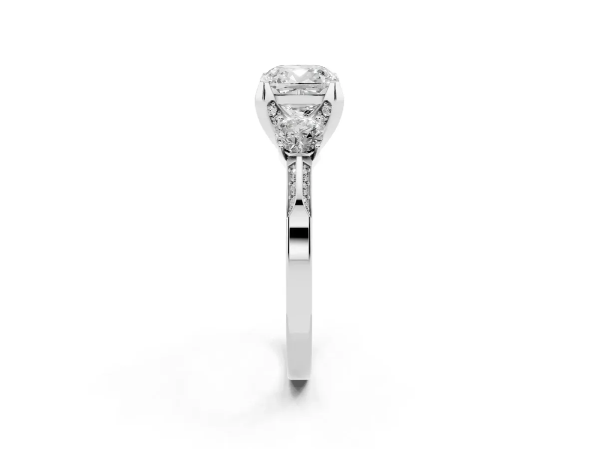 Cushion Cut Brilliant Three-Stone Diamond Ring with Pavé Band and Four-Prong Setting Silver