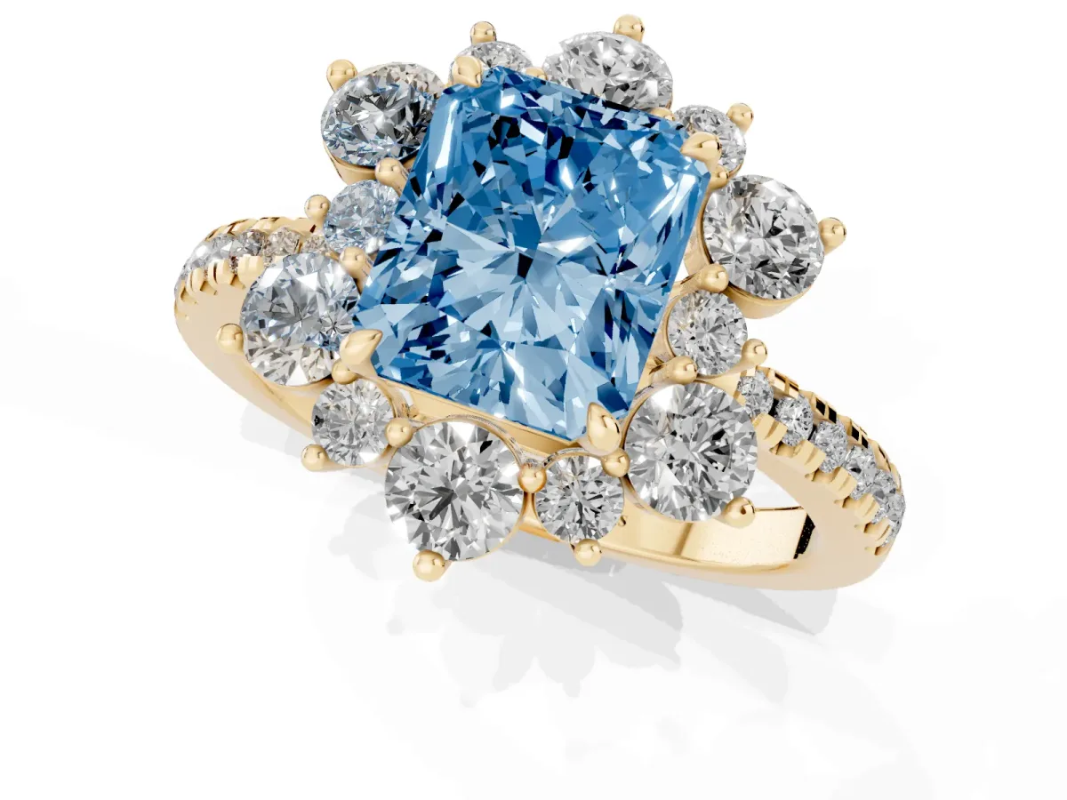 Fancy Blue Radiant Cut Diamond Floral Halo Ring with Round Pavé Band and Prong Setting Yellow gold