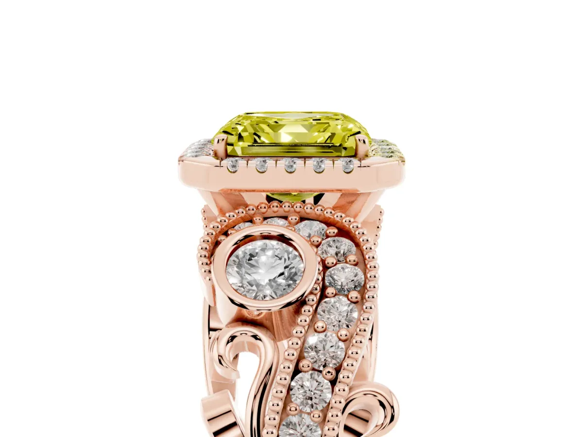 Fancy Yellow Asscher Cut Halo Diamond Ring with Milgrain and Bezel Accents on a Split Shank Band Rose gold