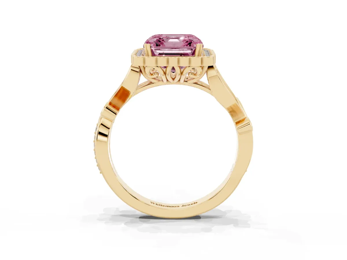 Fancy Pink Asscher Cut Diamond Halo Ring with Vintage Split Shank and Four-Prong Setting Yellow gold