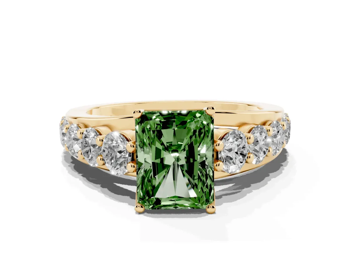 Fancy Green Radiant Cut Diamond Engagement Ring with Pavé Band and Four-Prong Setting Yellow gold