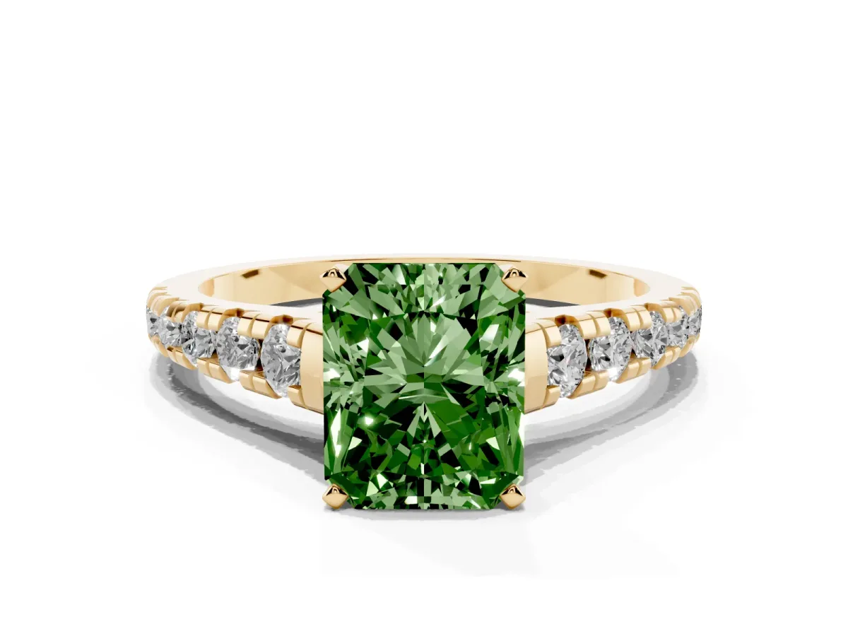 Fancy Green Radiant Cut Diamond Cathedral Solitaire Ring with Round Pavé Band Yellow gold