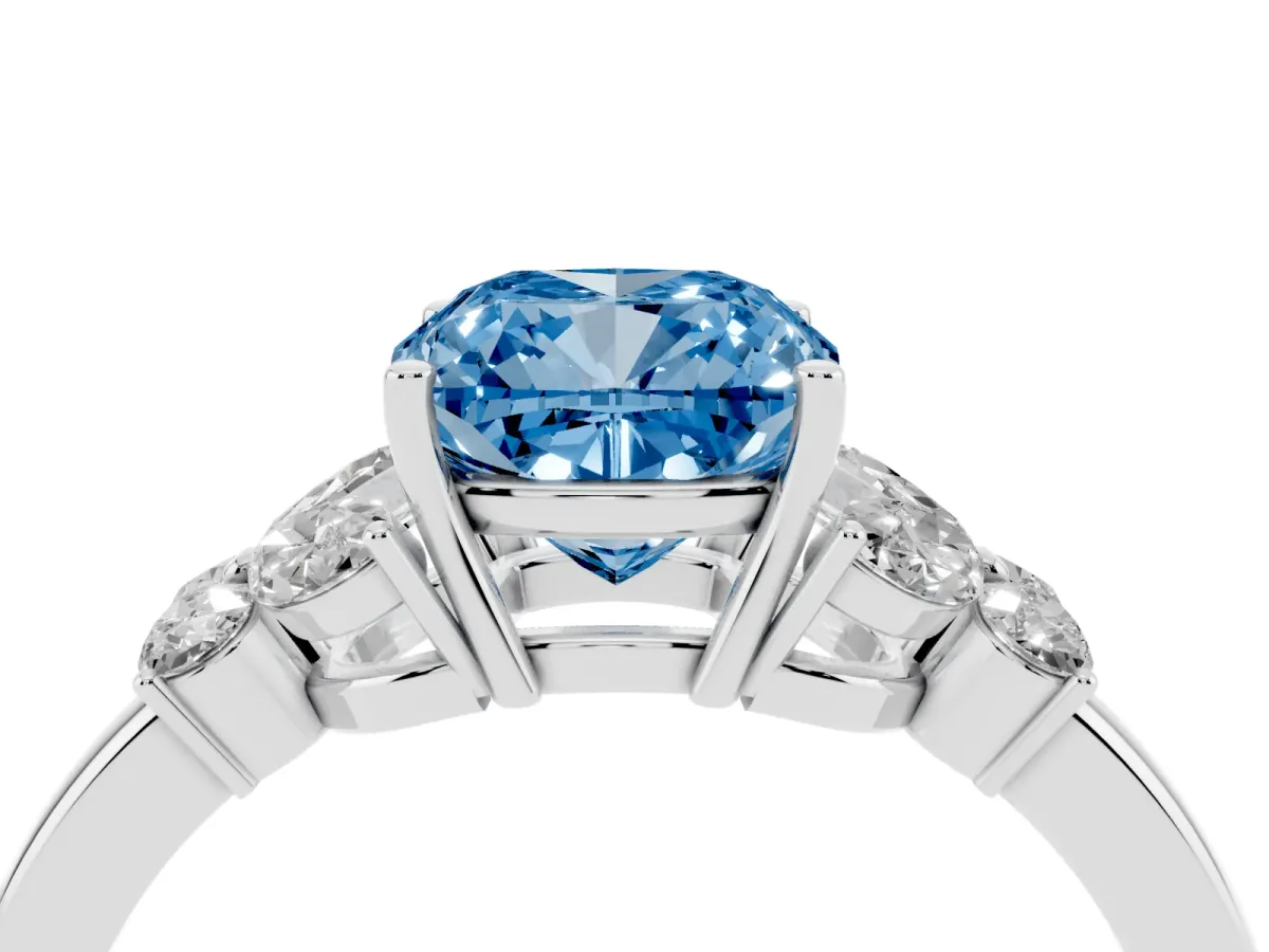 Fancy Blue Cushion Cut Cut Solitaire Floral Diamond Ring with Four-Prong Setting Silver