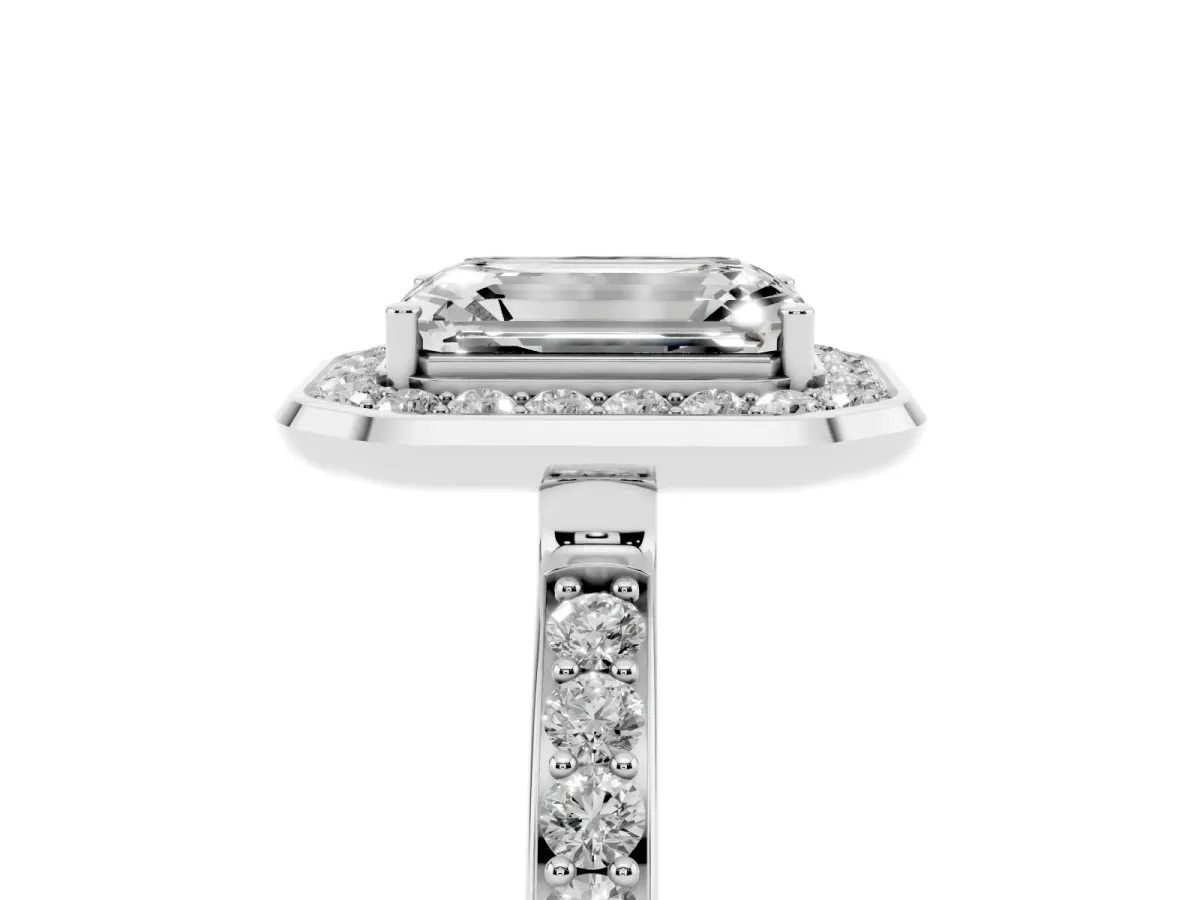 Emerald Cut Diamond Halo Ring with Bezel Frame and Pavé Band Platinum