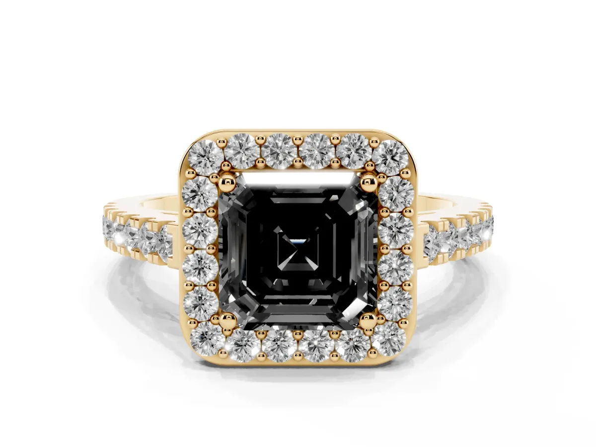 Fancy Black Asscher Cut Diamond Halo Ring with Round Pavé Split Shank and Prong Setting Yellow gold