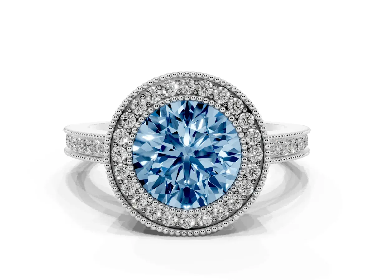 Fancy Blue Round Cut Cut Halo Diamond Ring with Pavé Band and Milgrain Prong Setting White gold