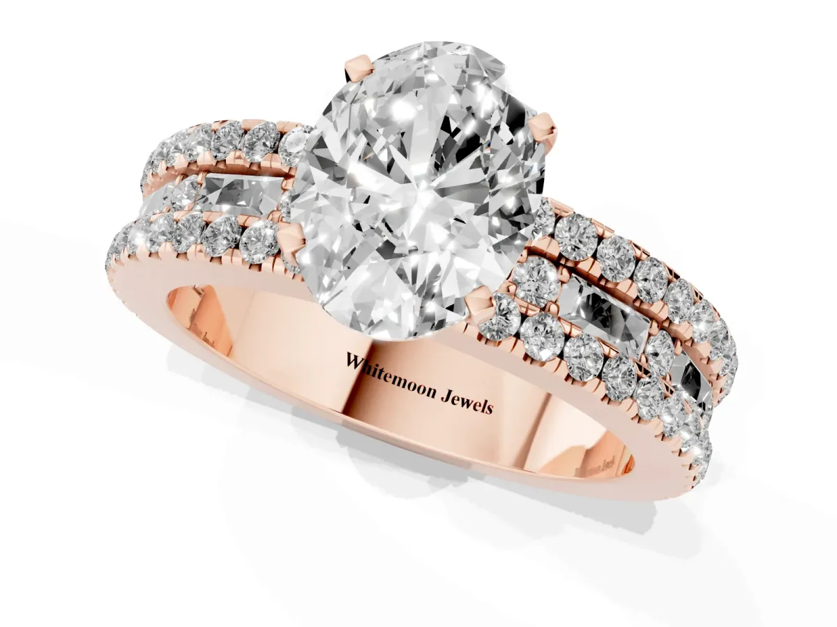 Oval Cut Diamond Solitaire Ring with Pavé and Channel Set Band Rose gold