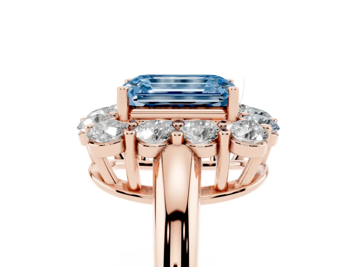 Fancy Blue Emerald Cut Halo Cluster Diamond Engagement Ring with Prong Setting and Polished Band Rose gold