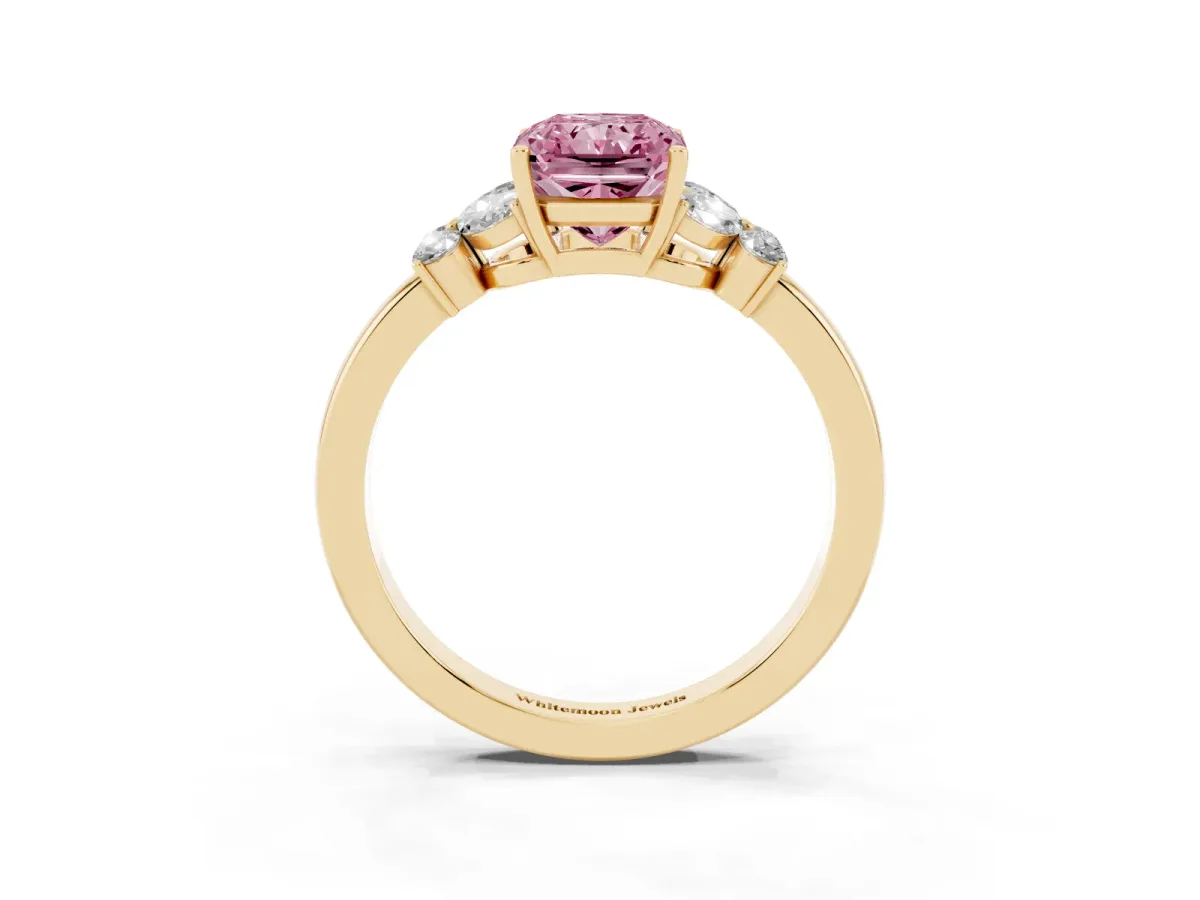 Fancy Pink Radiant Cut Cut Solitaire Floral Diamond Ring with Four-Prong Setting Yellow gold