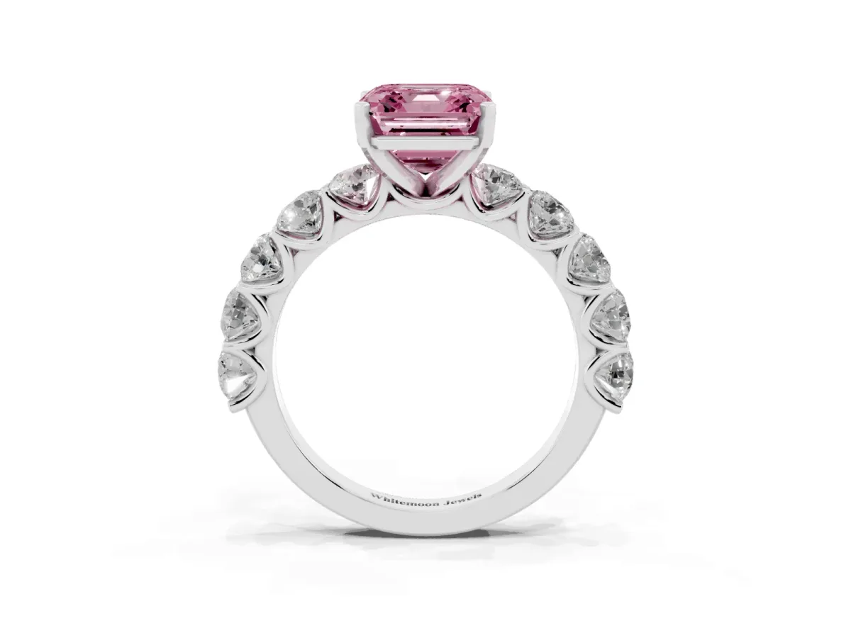 Fancy Pink Asscher Cut Diamond Prong Setting with Side Stones on a Pave Band Silver