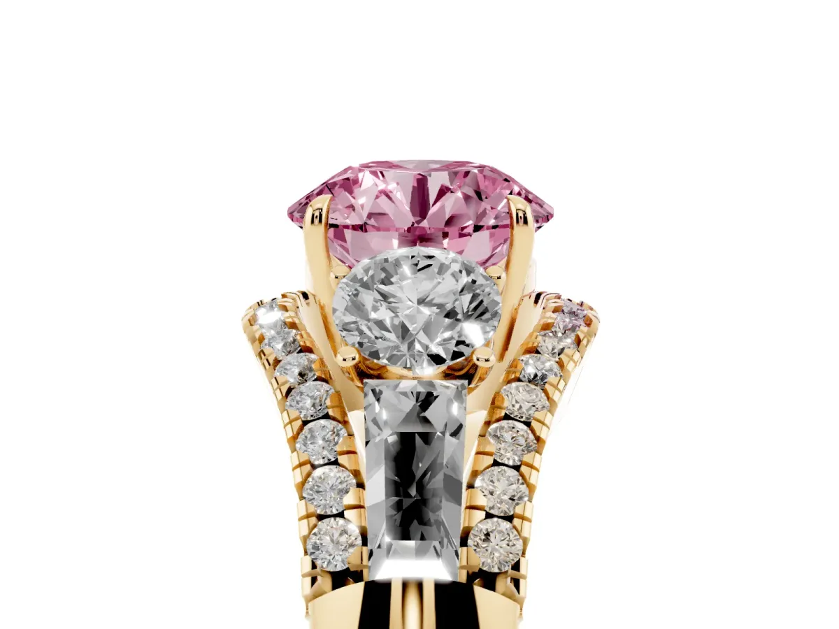 Fancy Pink Three-Stone Round Cut Diamond Engagement Ring with Pave Band and Prong Setting Yellow gold