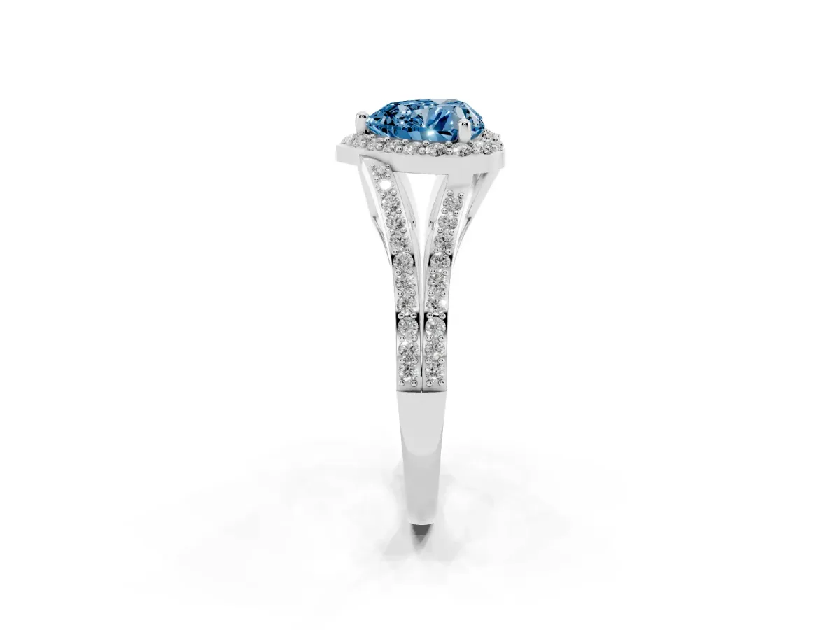 Fancy Blue Heart Cut Halo Split Shank Pave Diamond Ring with Four-Prong Setting Silver