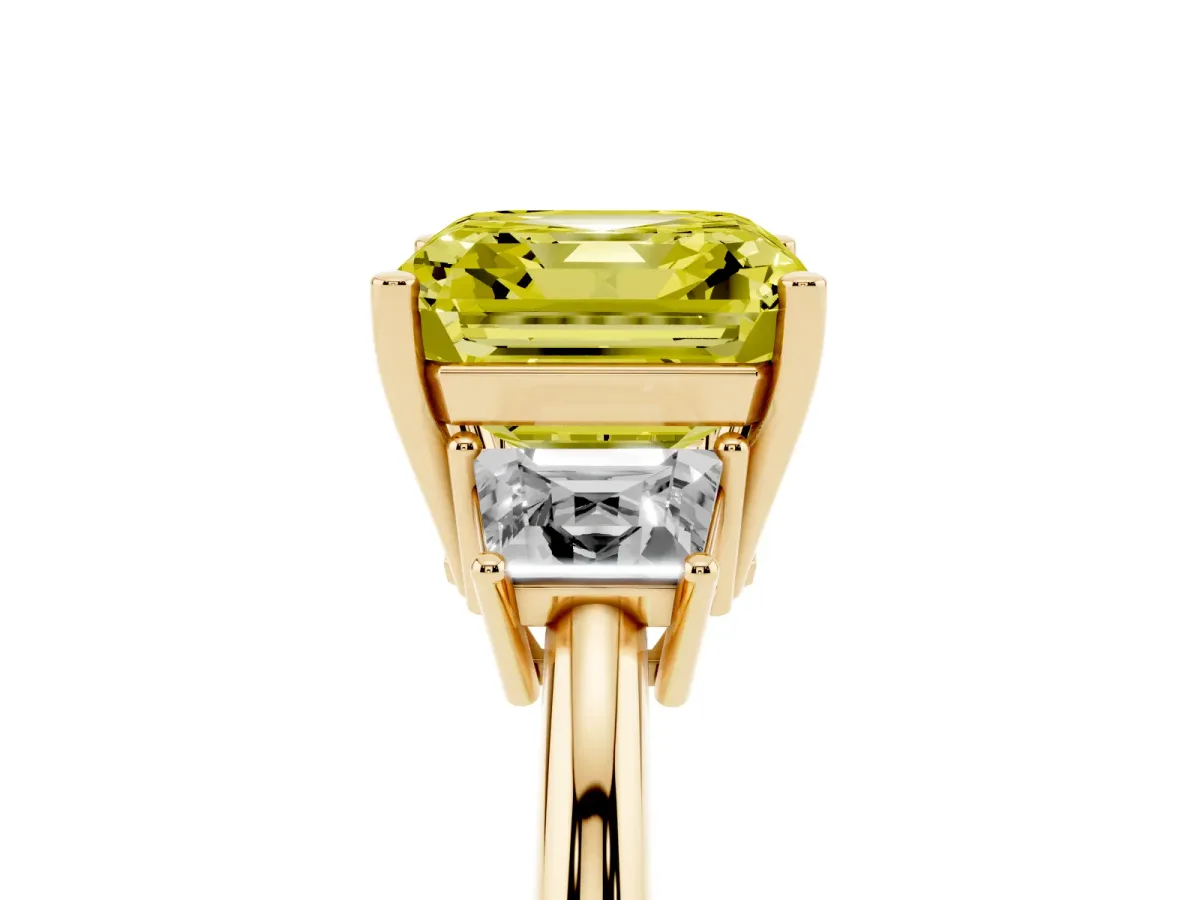 Fancy Yellow Asscher Cut Diamond Three-Stone Ring with Trapezoid Side Stones and Prong Setting Yellow gold