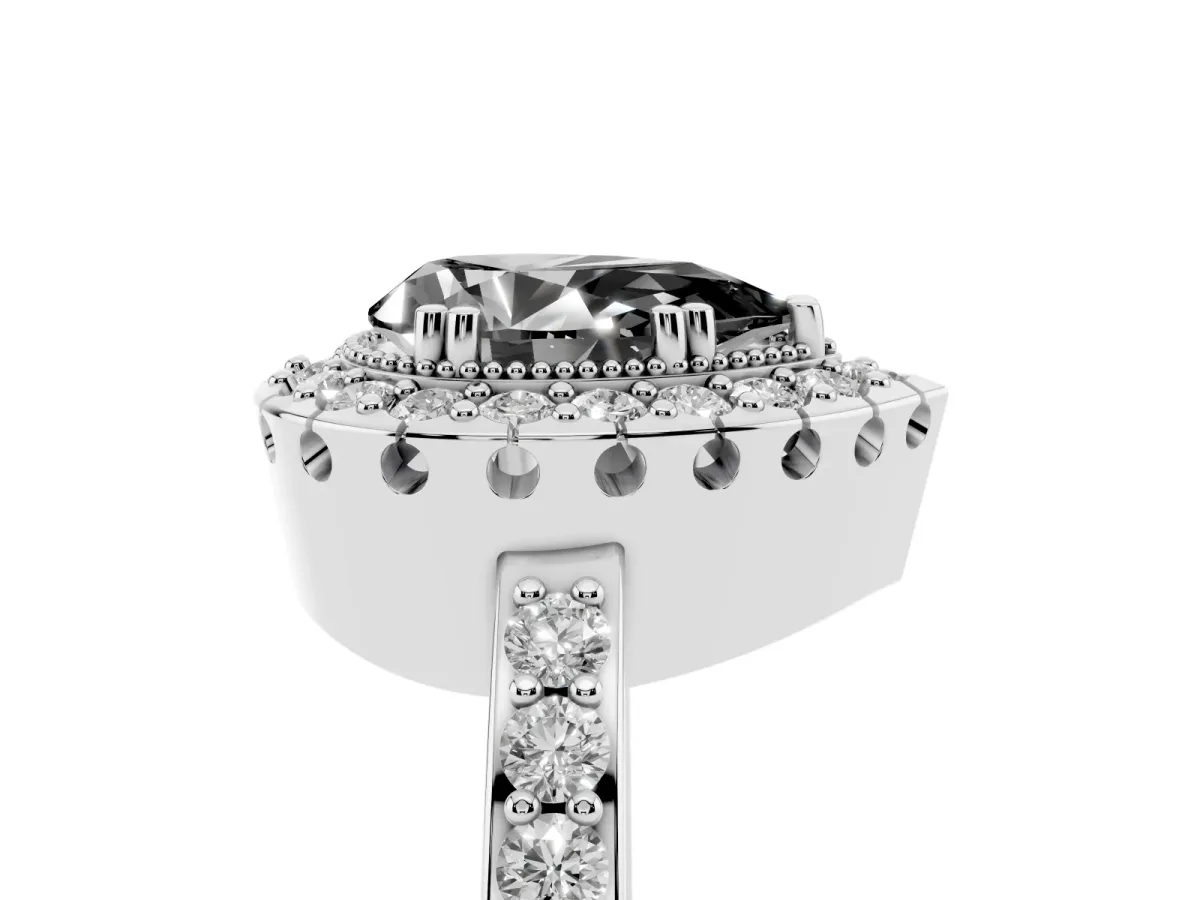 Fancy Black Pear Cut Diamond Halo Ring with Pavé Band and Prong Setting Silver