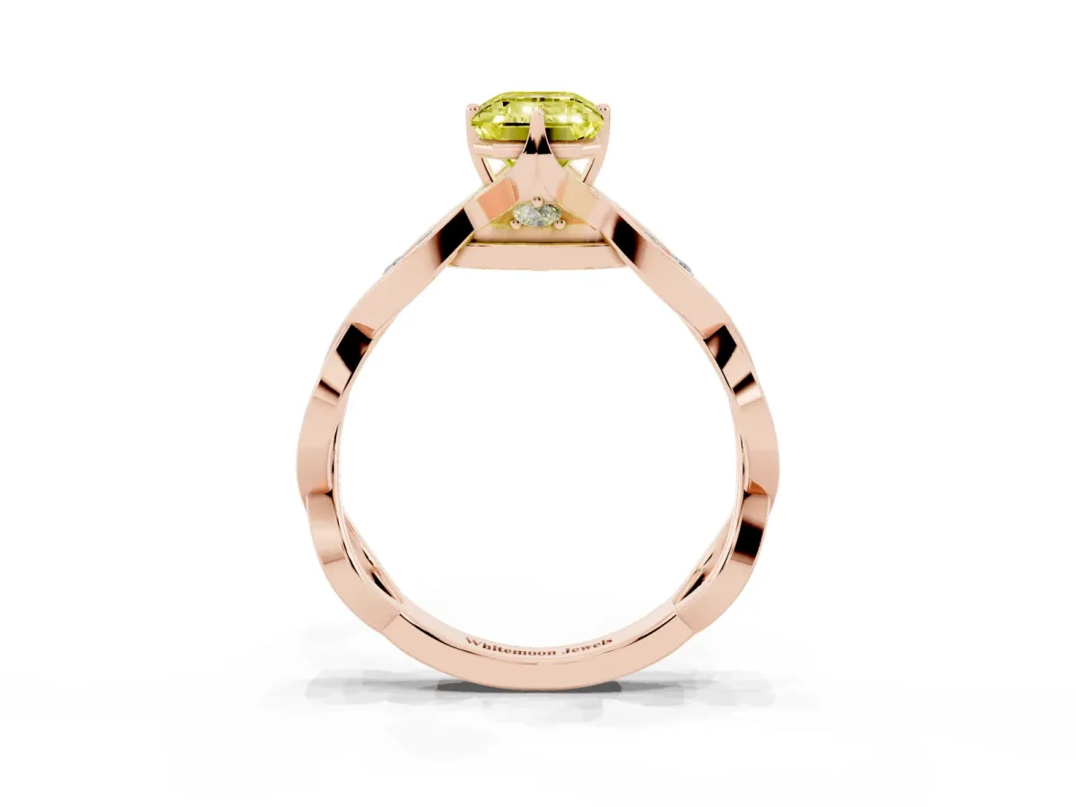 Fancy Yellow Emerald Cut Solitaire Twist Band with Leaf Prong Setting Rose gold