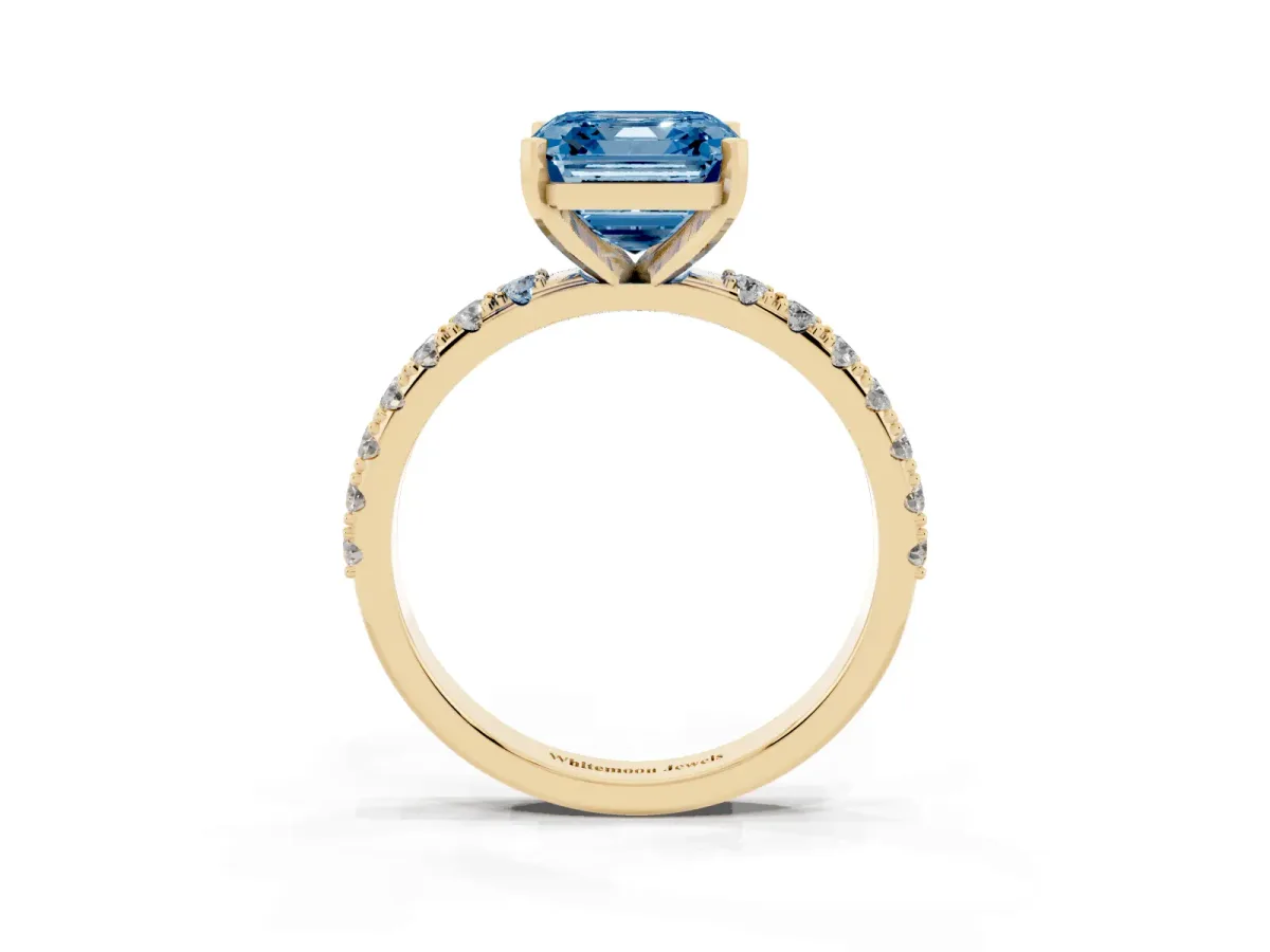 Fancy Blue Asscher Cut Diamond Solitaire Pavé Band with Four-Prong Setting Yellow gold