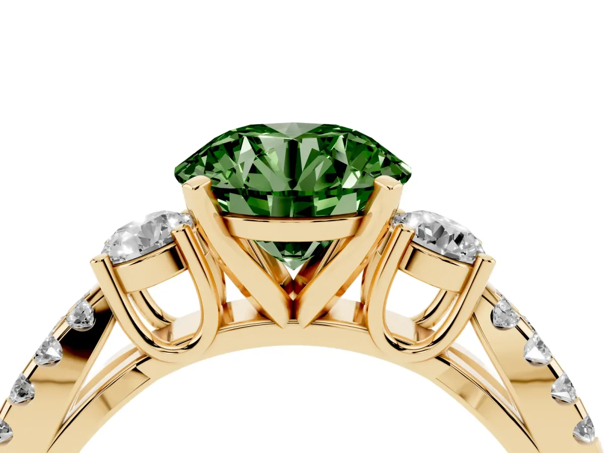 Fancy Green Round Cut Diamond Three-Stone Ring with Pavé Split Shank and Four-Prong Setting Yellow gold