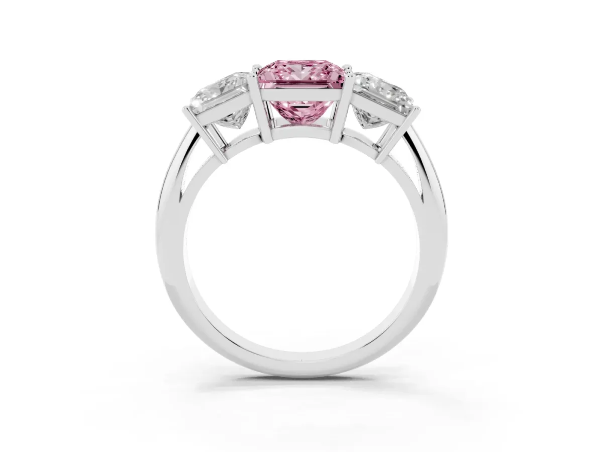 Fancy Pink Three-Stone Princess Cut Cut Diamond Engagement Ring with Prong Setting on a White Gold Band Platinum