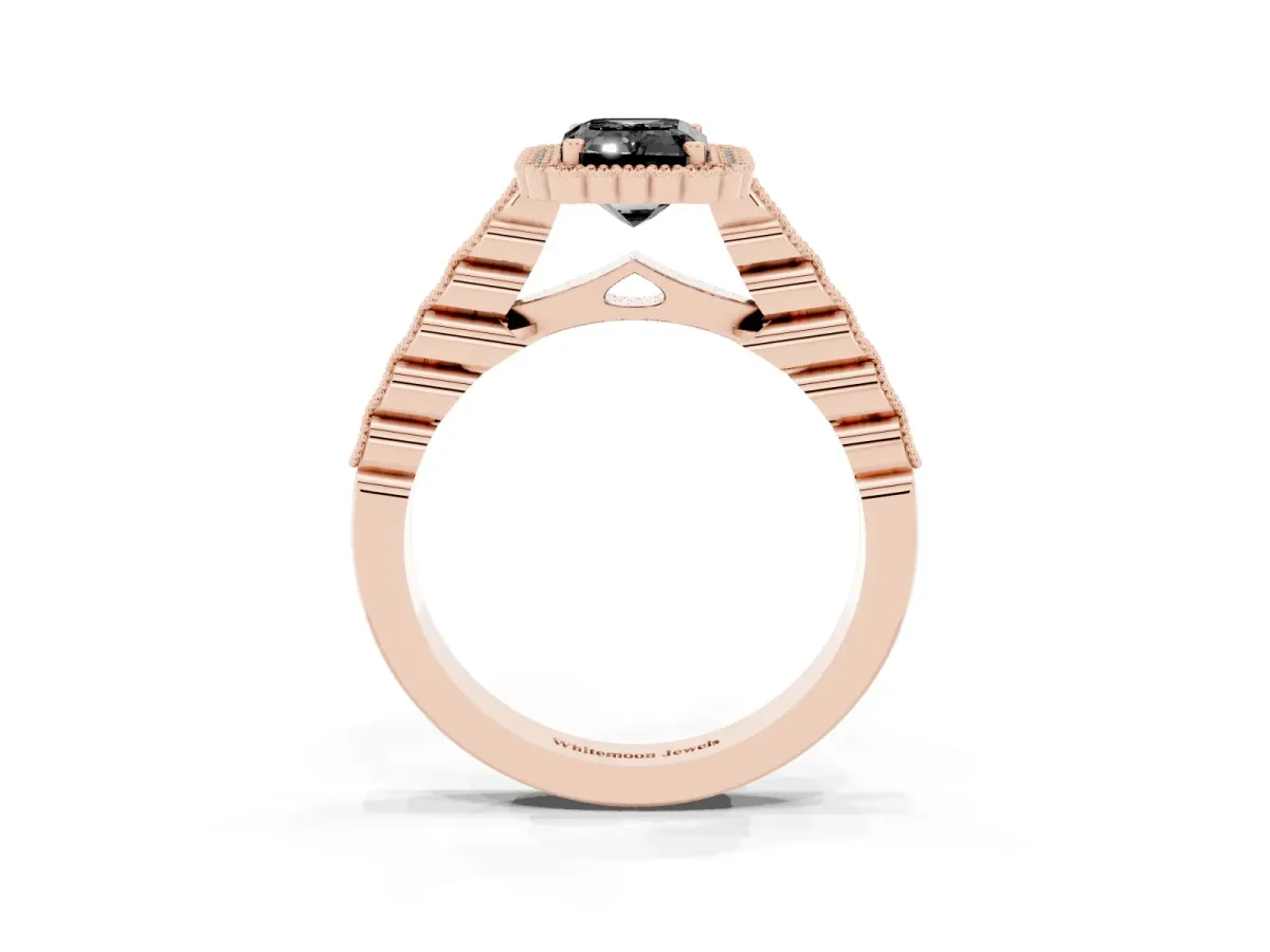 Fancy Black Emerald Cut Cut Halo Pavé Solitaire Ring with Milgrain Band Rose gold