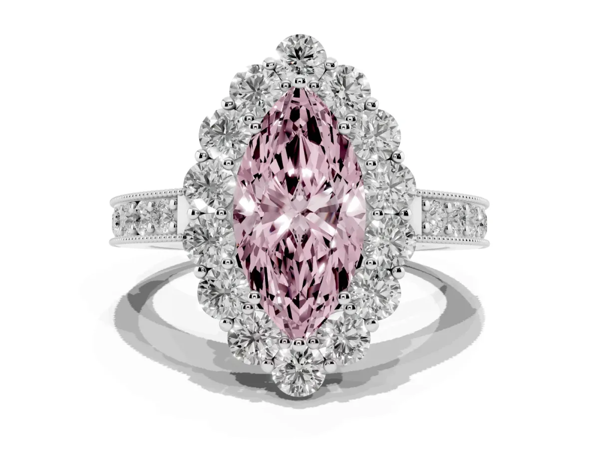 Fancy Pink Marquise Cut Cut Halo Diamond Pavé Engagement Ring with Milgrain Detailing Platinum