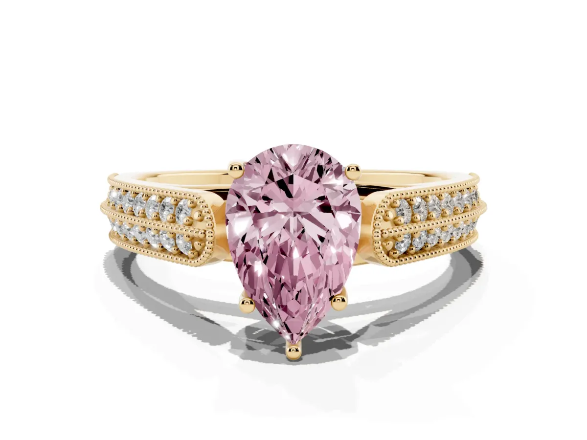 Fancy Pink Pear Cut Cut Pave Split Shank Engagement Ring with Four-Prong Setting Yellow gold