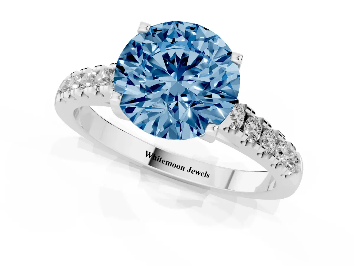 Fancy Blue Round Cut Diamond Pavé Band Solitaire Ring with Prong Setting Platinum