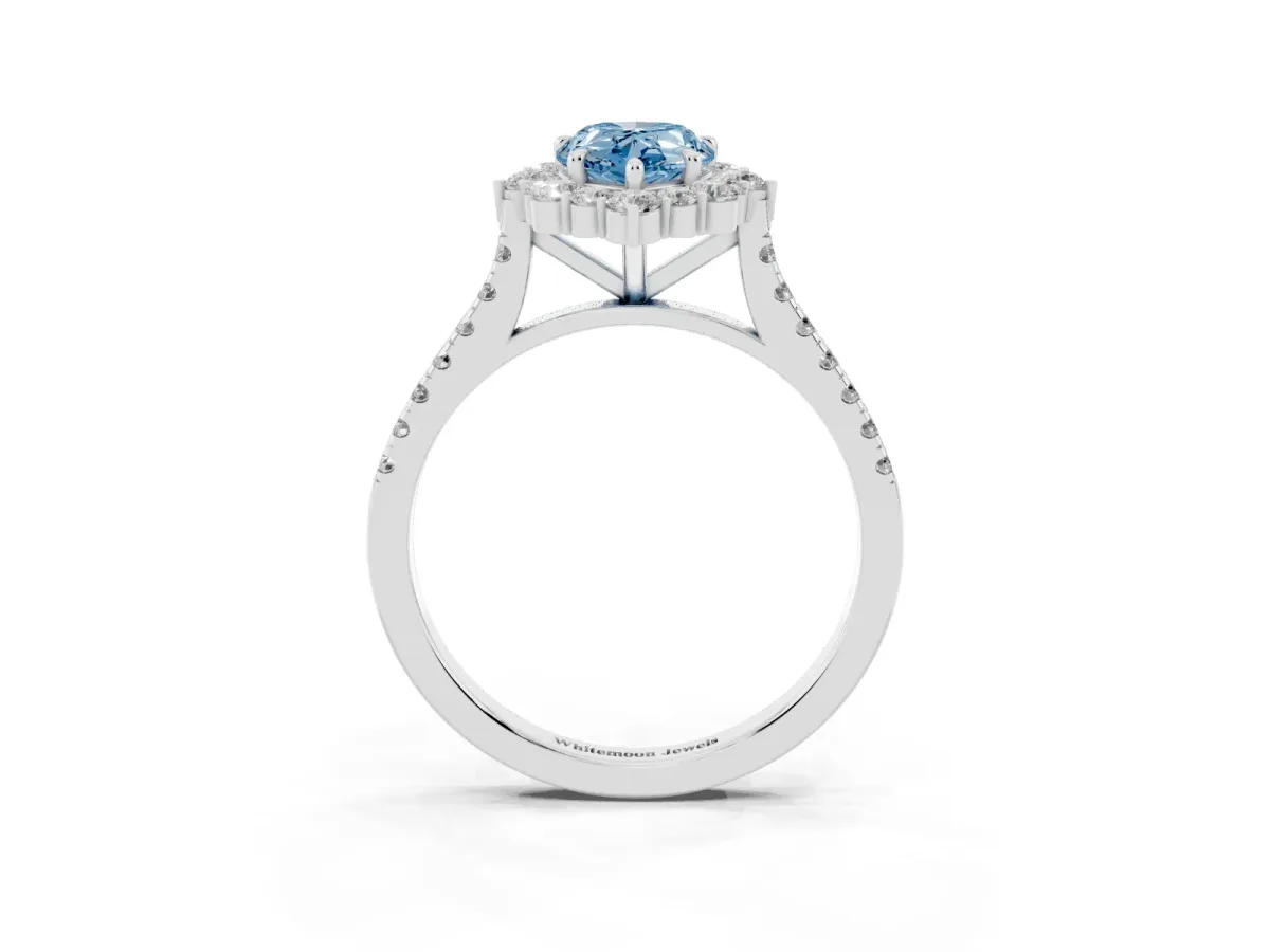 Fancy Blue Pear Cut Halo Diamond Ring with Pavé Band and Prong Setting Silver