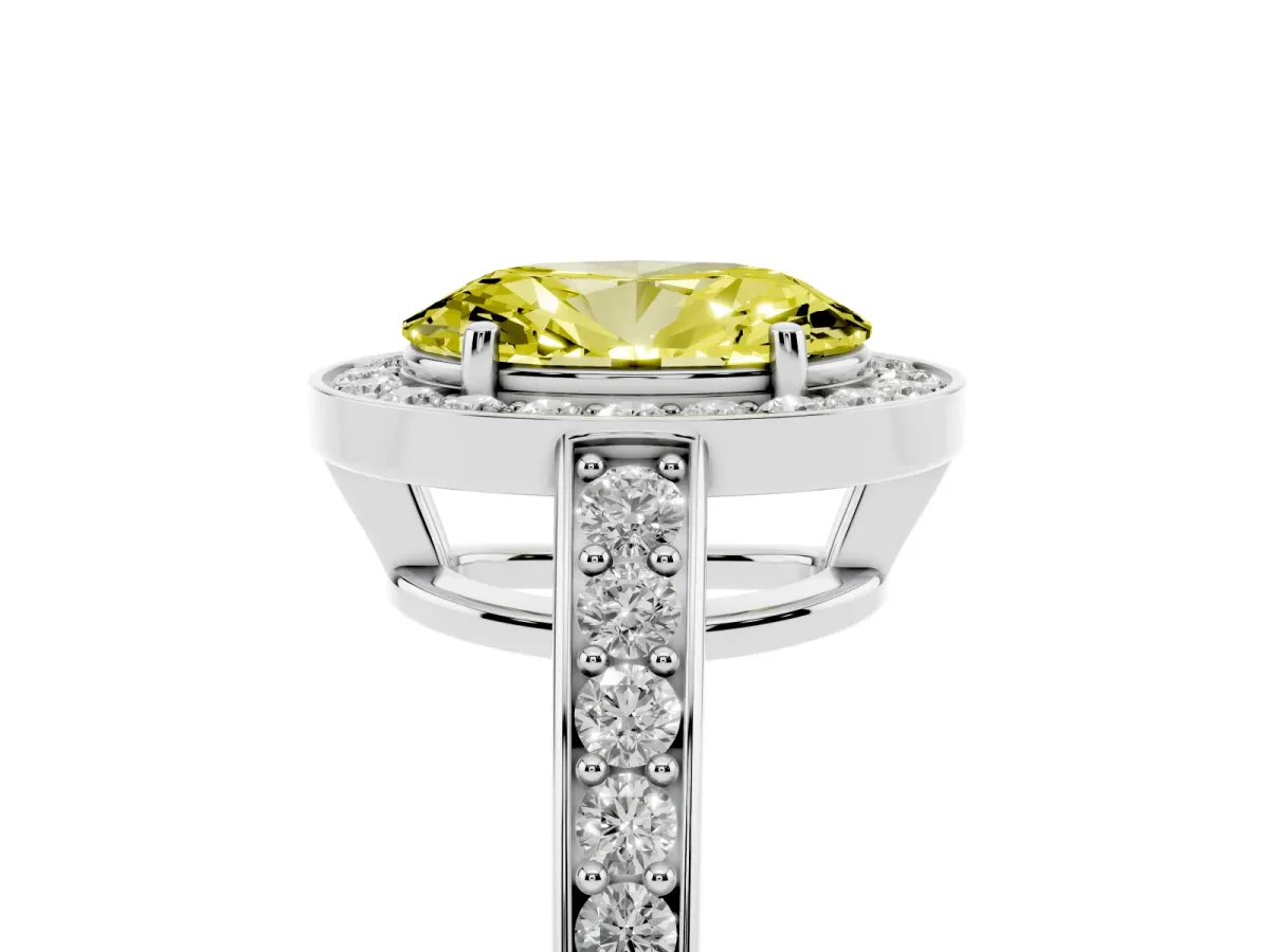 Fancy Yellow Oval Cut Halo Pavé Diamond Engagement Ring with Bezel Setting Silver