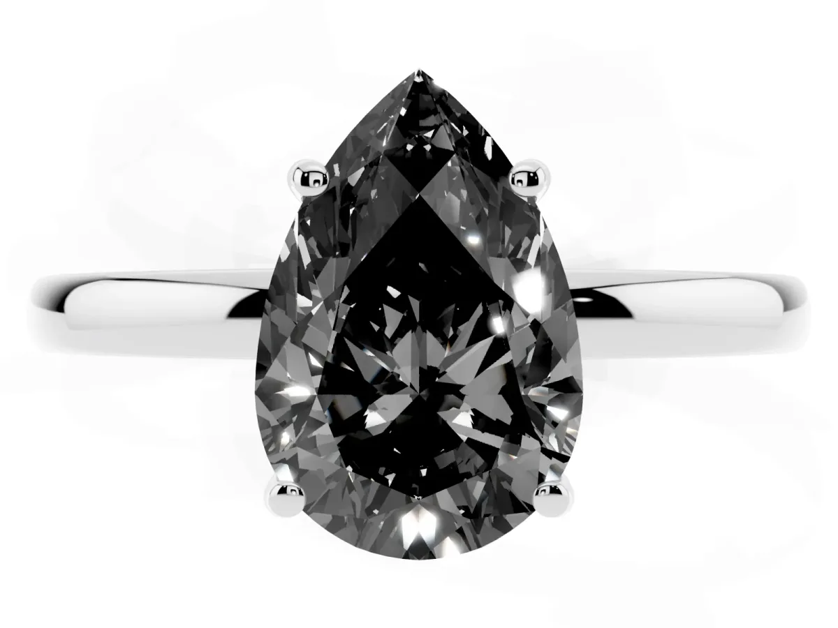Fancy Black Pear Cut Solitaire Diamond Ring with Prong Setting and Plain Band Silver