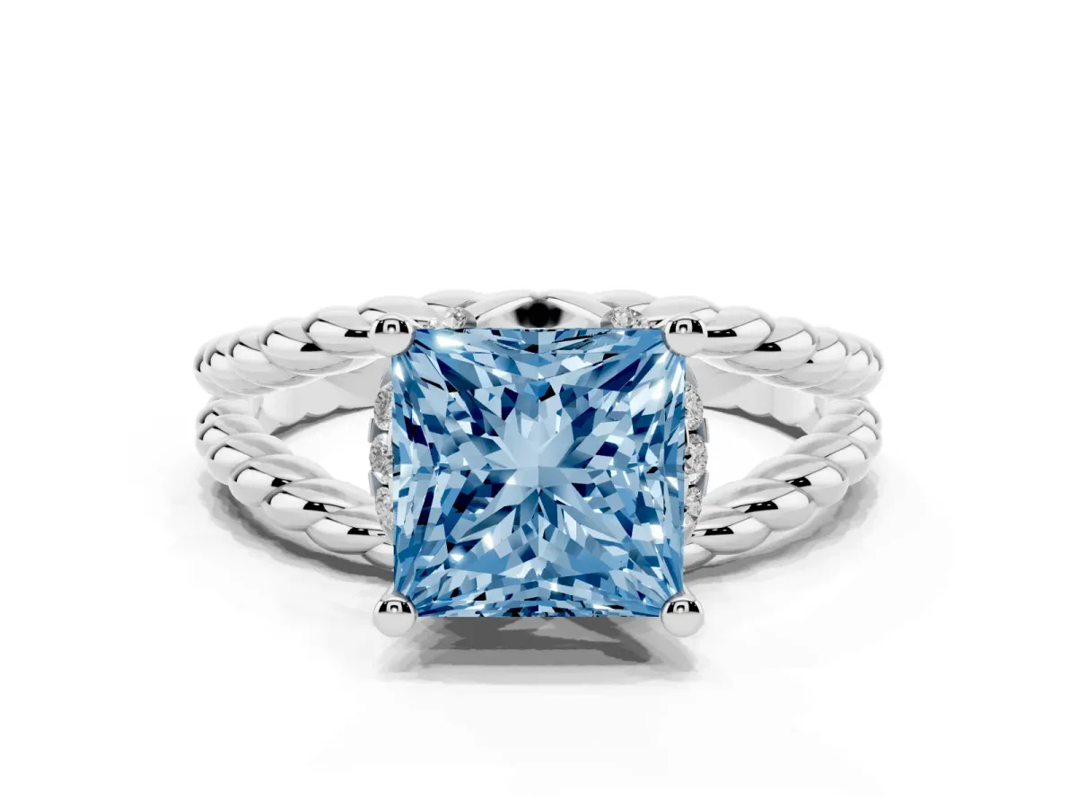 Fancy Blue Princess Cut Halo Twisted Band Four-Prong Ring Silver