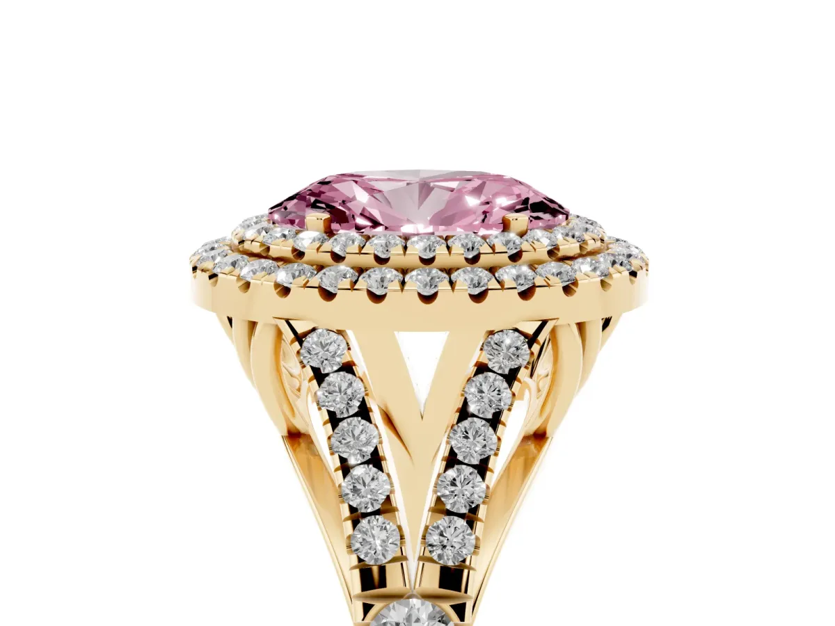 Fancy Pink Double Halo Oval Cut Diamond Split Shank Engagement Ring with Four-Prong Setting Yellow gold
