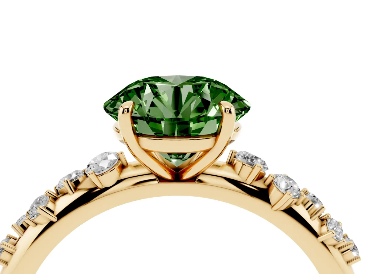 Fancy Green Round Cut Diamond Cluster Prong-Set Solitaire Ring Yellow gold