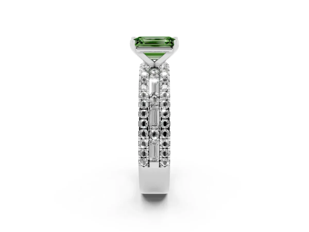 Fancy Green Emerald Cut Diamond Solitaire Ring with Pavé and Channel Set Band Silver