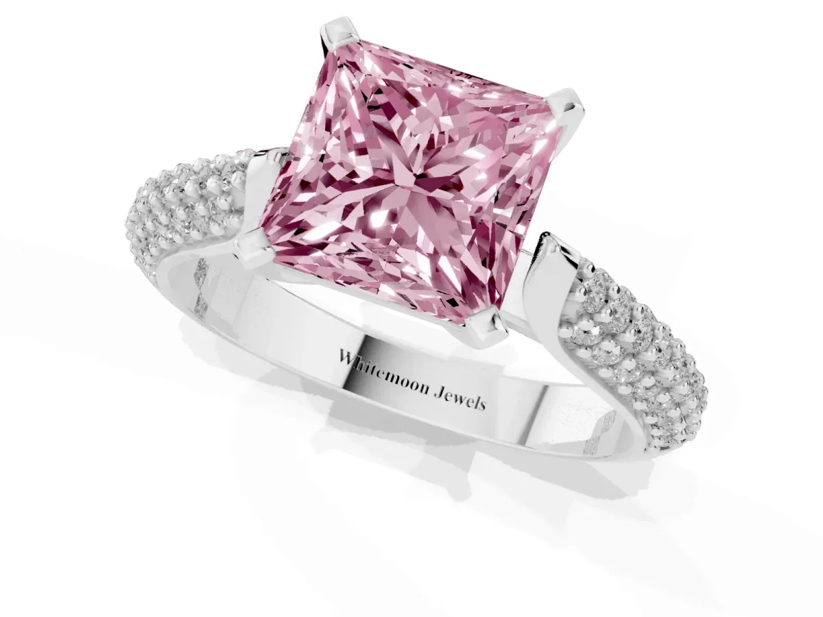 Fancy Pink Princess Cut Diamond Solitaire Engagement Ring with Multi-Row Round Pavé Band and Prong Setting Silver