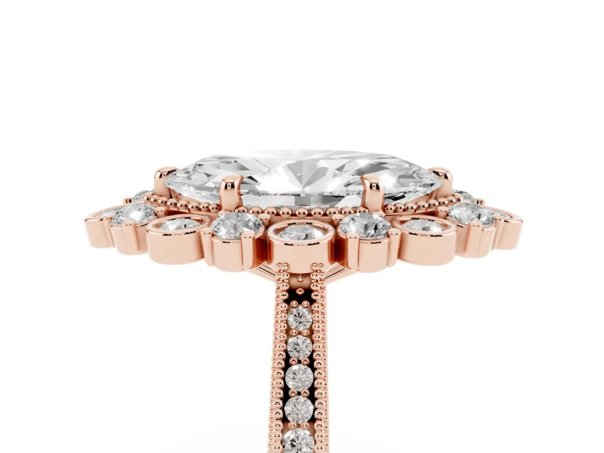 Marquise Cut Halo Milgrain Pave Diamond Ring with Four-Prong Setting Rose gold