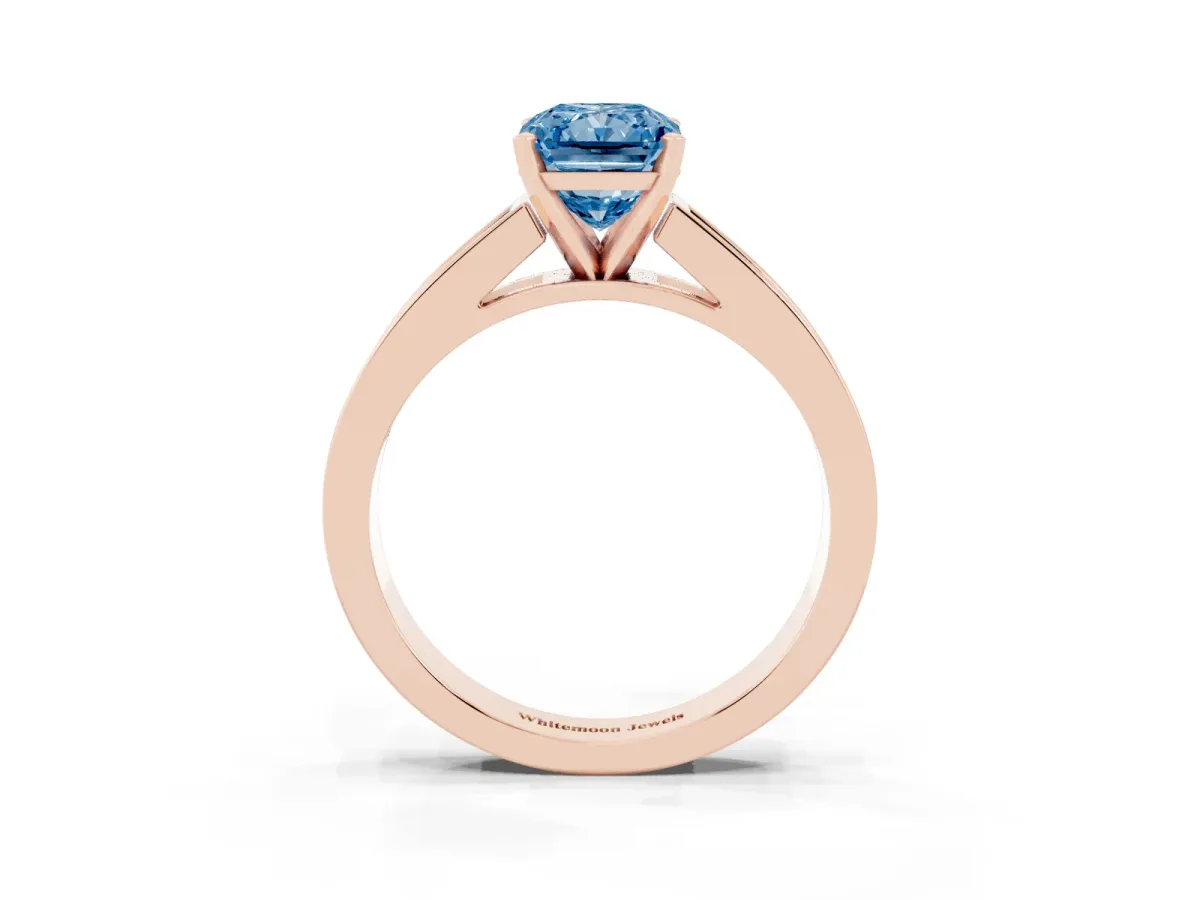 Fancy Blue Radiant Cut Solitaire Diamond Ring with Channel-Set Band and Four-Prong Setting Rose gold