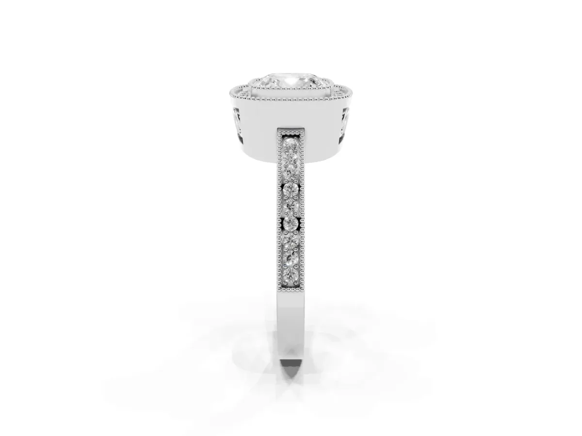 Cushion Cut Cut Halo Diamond Ring with Pavé Band and Milgrain Prong Setting Platinum