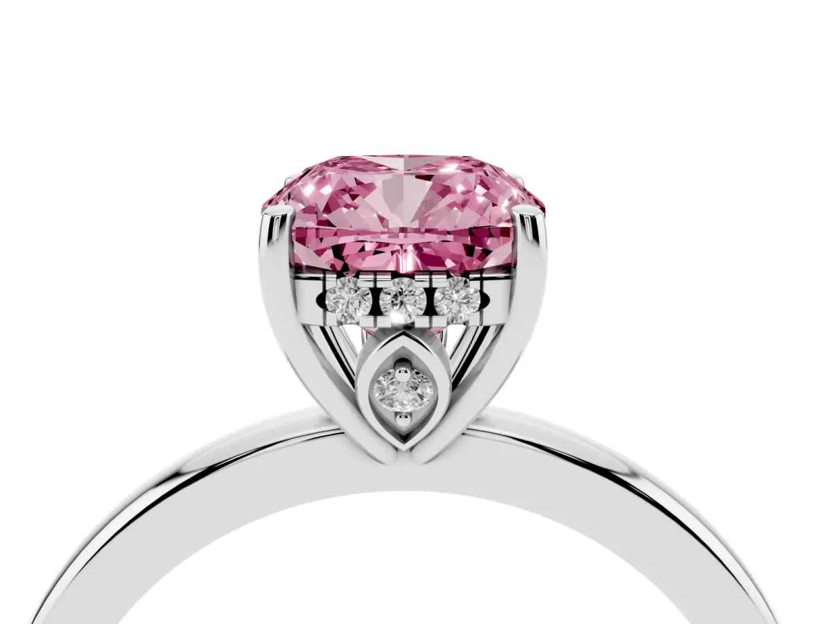Fancy Pink Cushion Cut Solitaire Diamond Ring with Prong Setting and Plain Band White gold