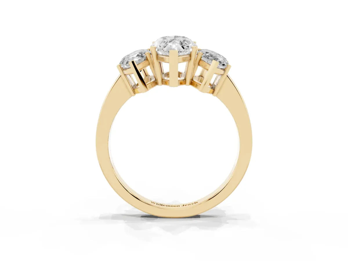 Three-Stone Marquise Cut Cut Diamond Engagement Ring with Flat Band and Four-Prong Setting Yellow gold