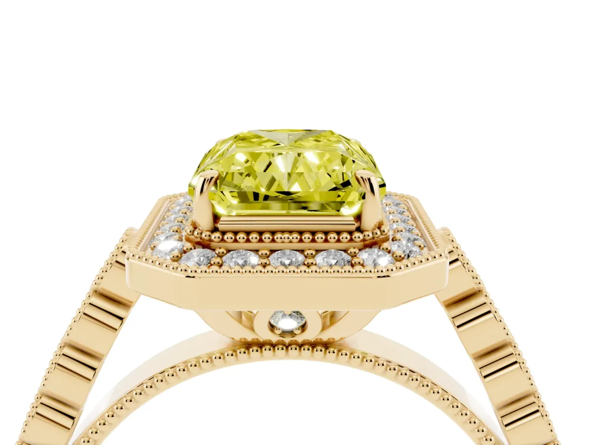 Fancy Yellow Radiant Cut Halo Milgrain Solitaire with Bezel Set Side Stones and Pave Band Yellow gold