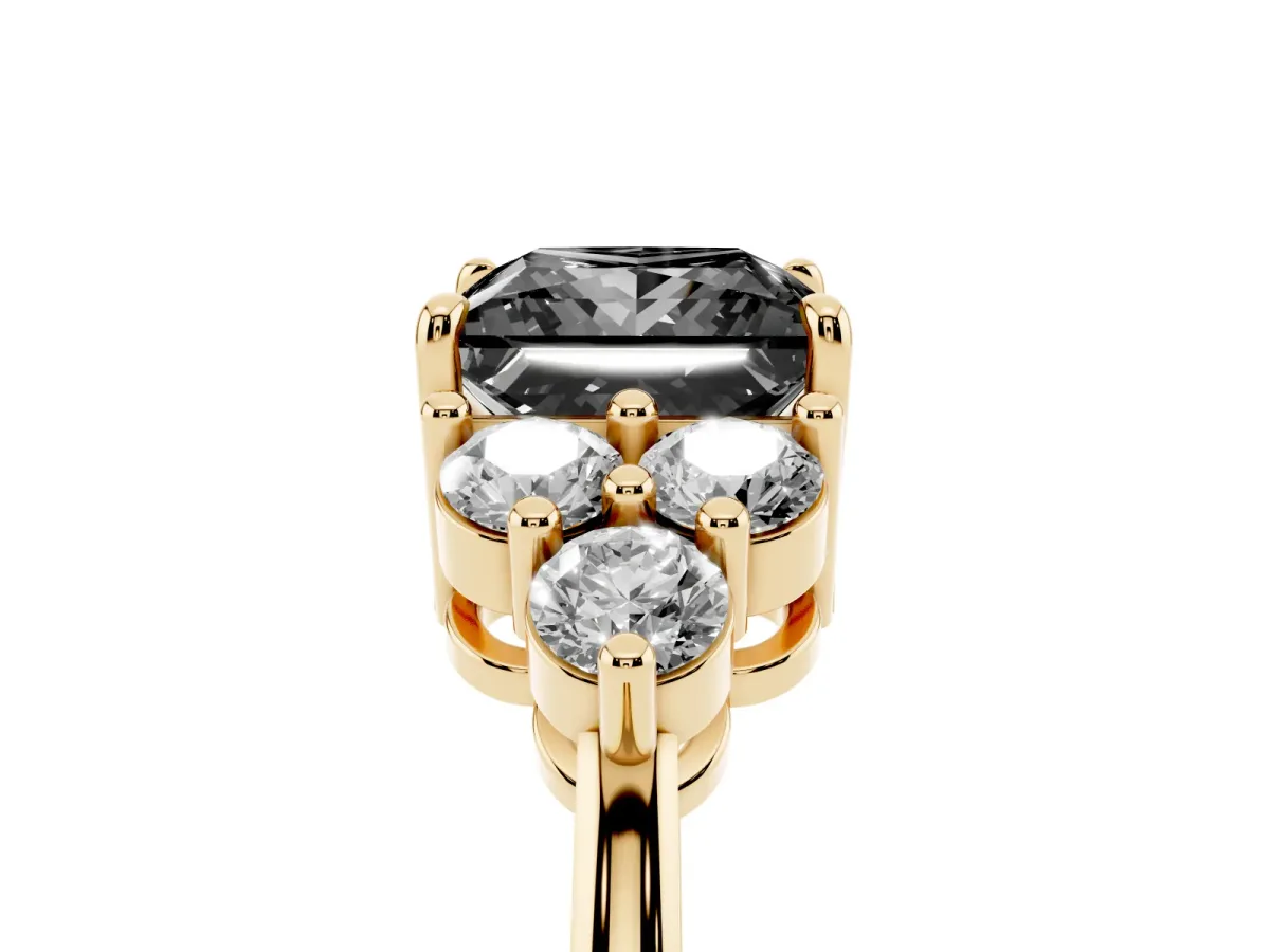 Fancy Black Princess Cut Brilliant Diamond Cluster Accent Solitaire Ring with Prong Setting Yellow gold