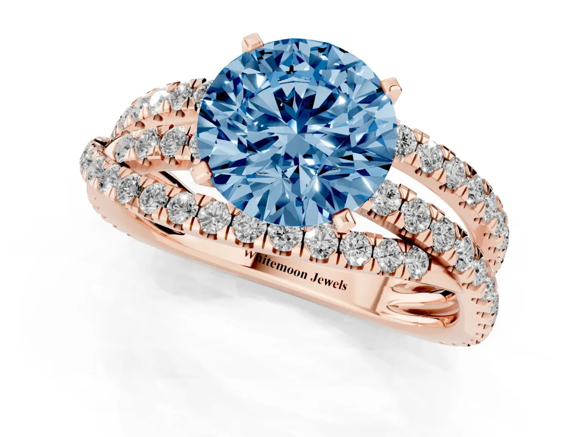 Fancy Blue Round Cut Solitaire Twist Band with Pavé Setting and Four-Prong Setting Rose gold