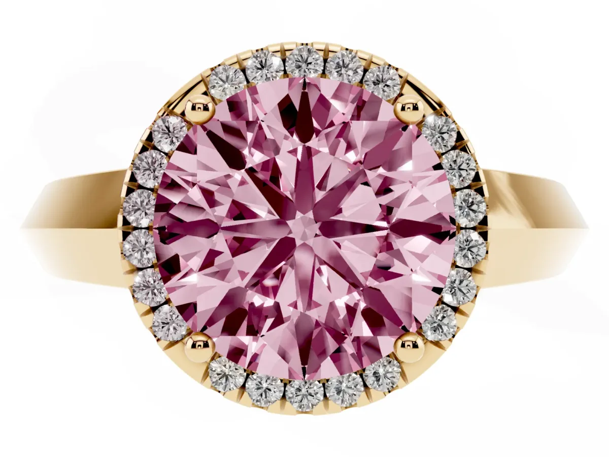 Fancy Pink Round Cut Halo Diamond Ring with Cathedral Band and Four-Prong Setting Yellow gold