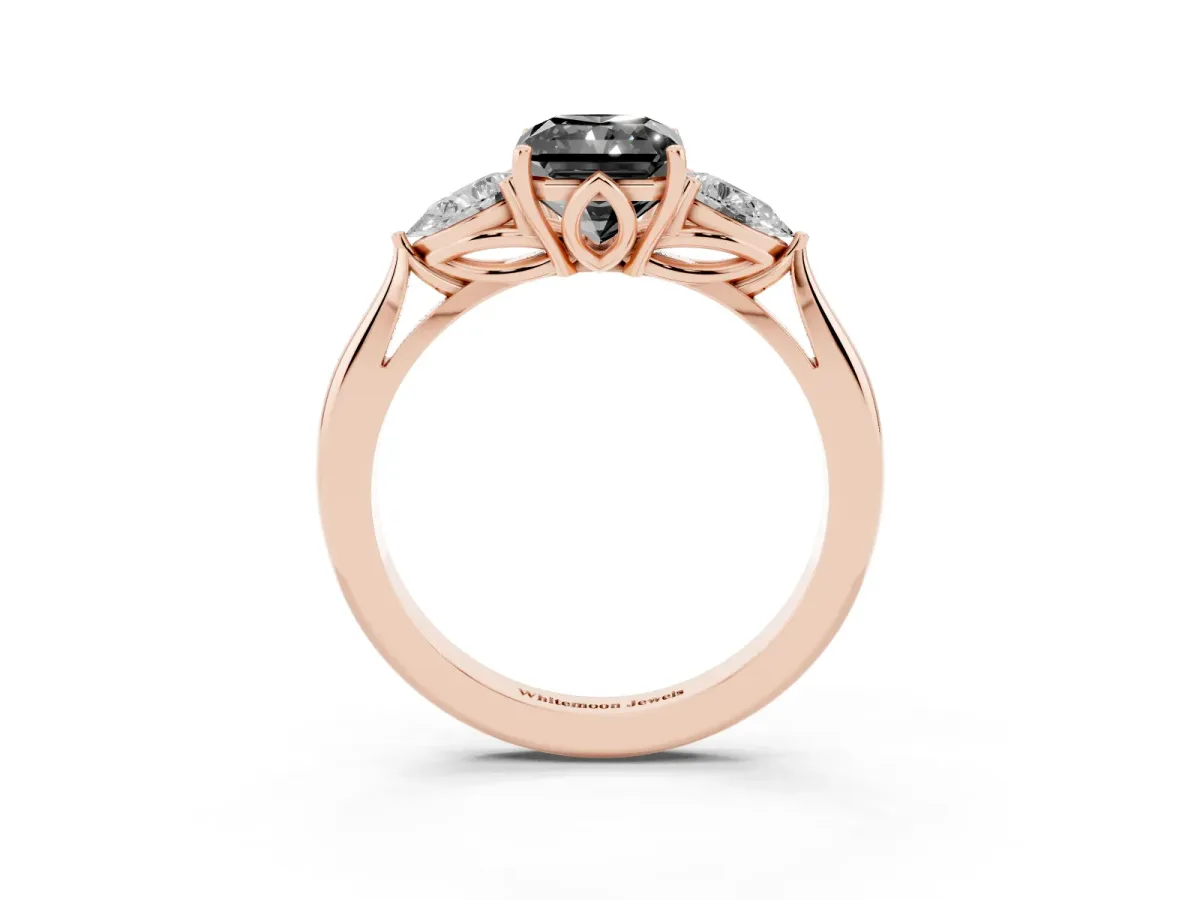 Fancy Black Radiant Cut Diamond Three-Stone Ring with Pear Side Stones and Prong Setting Rose gold
