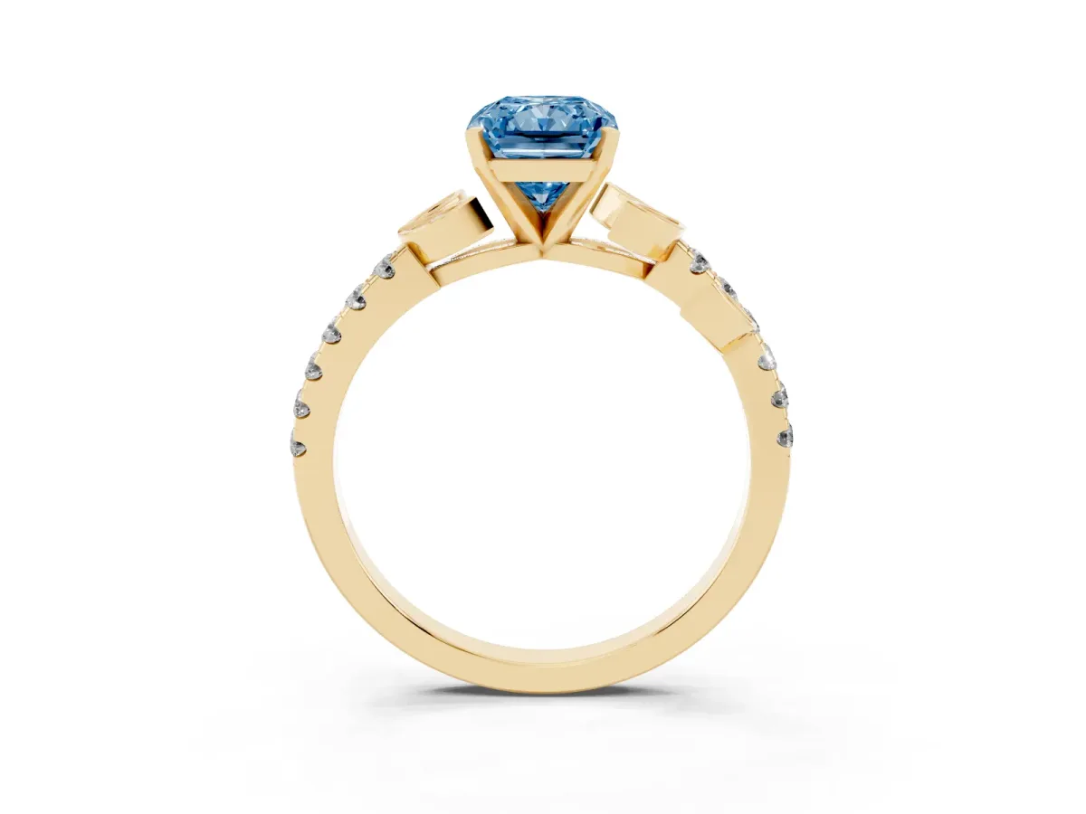 Fancy Blue Radiant Cut Solitaire Leaf-Inspired Diamond Ring with Pavé Band and Four-Prong Setting Yellow gold