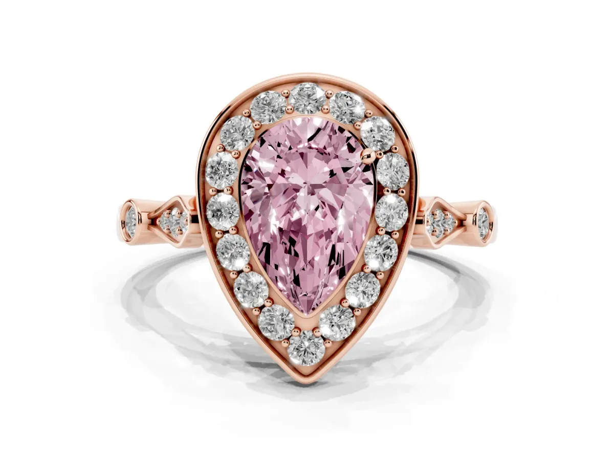 Fancy Pink Pear Cut Halo Diamond Engagement Ring with Twisted Band and Four-Prong Setting Rose gold