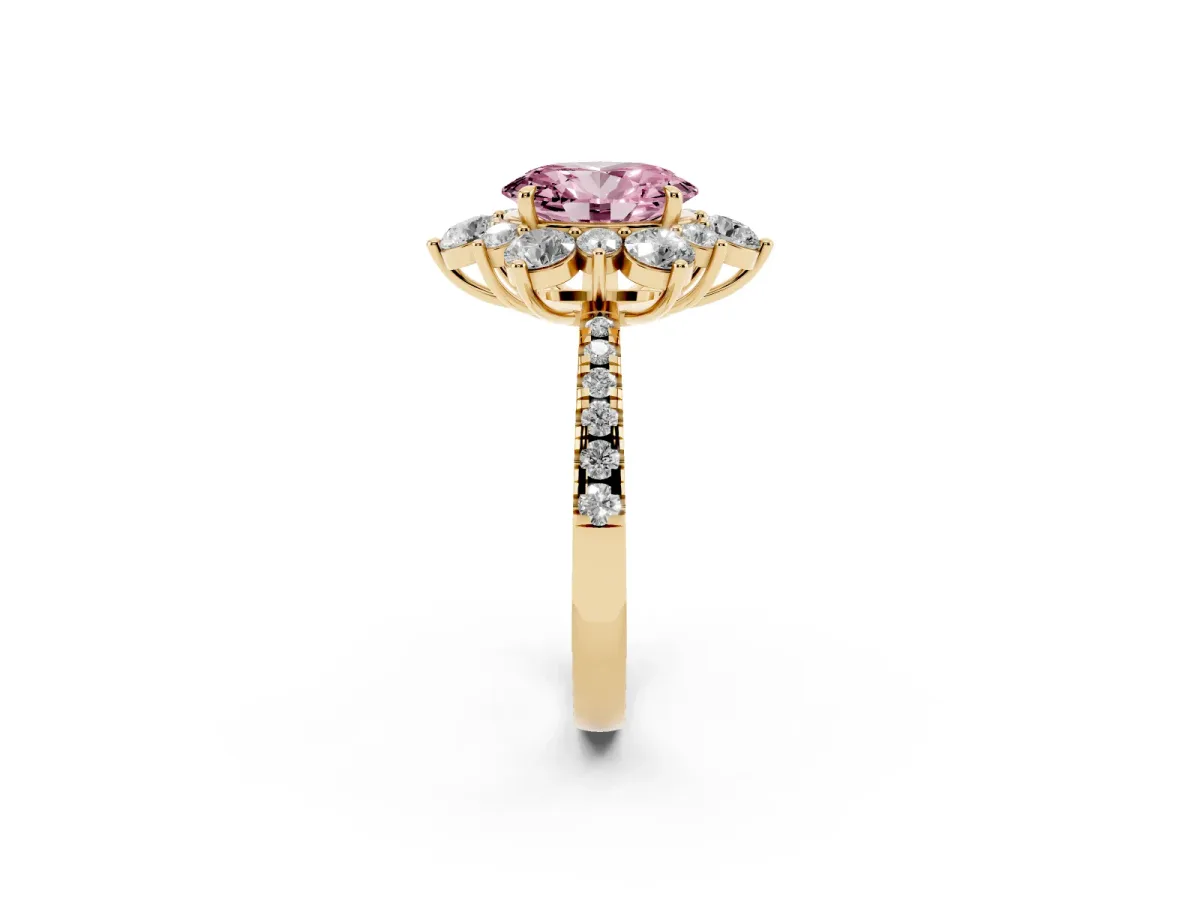 Fancy Pink Oval Cut Diamond Floral Halo Ring with Round Pavé Band and Prong Setting Yellow gold