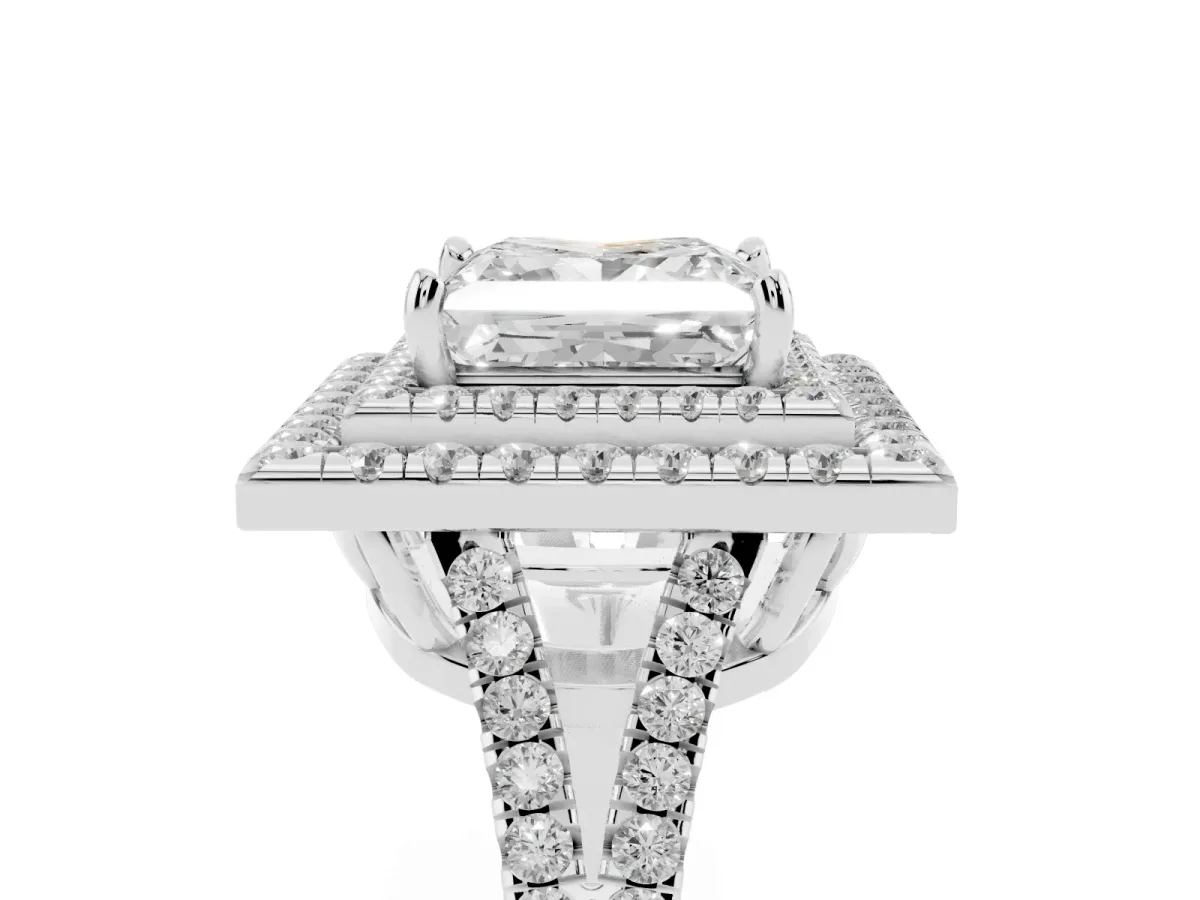Princess Cut Diamond Double Halo Ring with Pavé Band and Prong Setting Silver